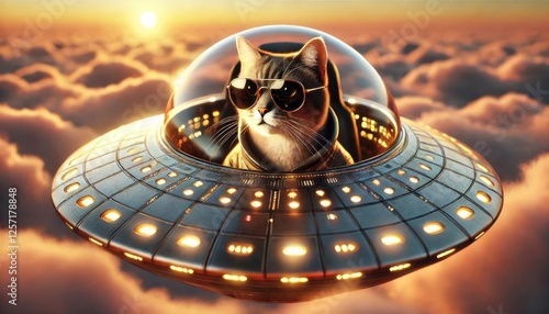 Portrait of a Cat Pilot Wearing Sunglasses Inside an Alien Flying Saucer Hovering Among Clouds at Sunset