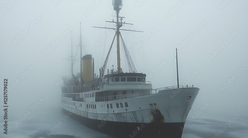 Naklejka premium Ancient Vessel Shrouded In Misty Ocean Fog