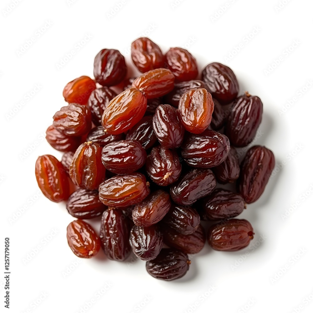 Top-down view of a pile of raisins on a white background highlighting their rich texture Top-down view of a pile of raisins on a white background highlighting their rich texture
