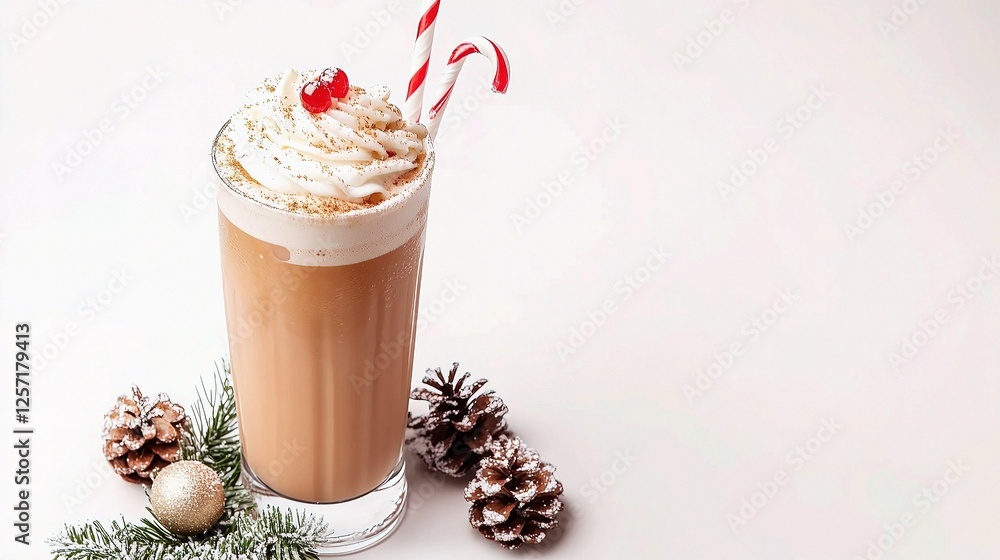 Festive Beverage with Toppings and Pinecones on Isolated Background Festive Beverage with Toppings and Pinecones on Isolated Background