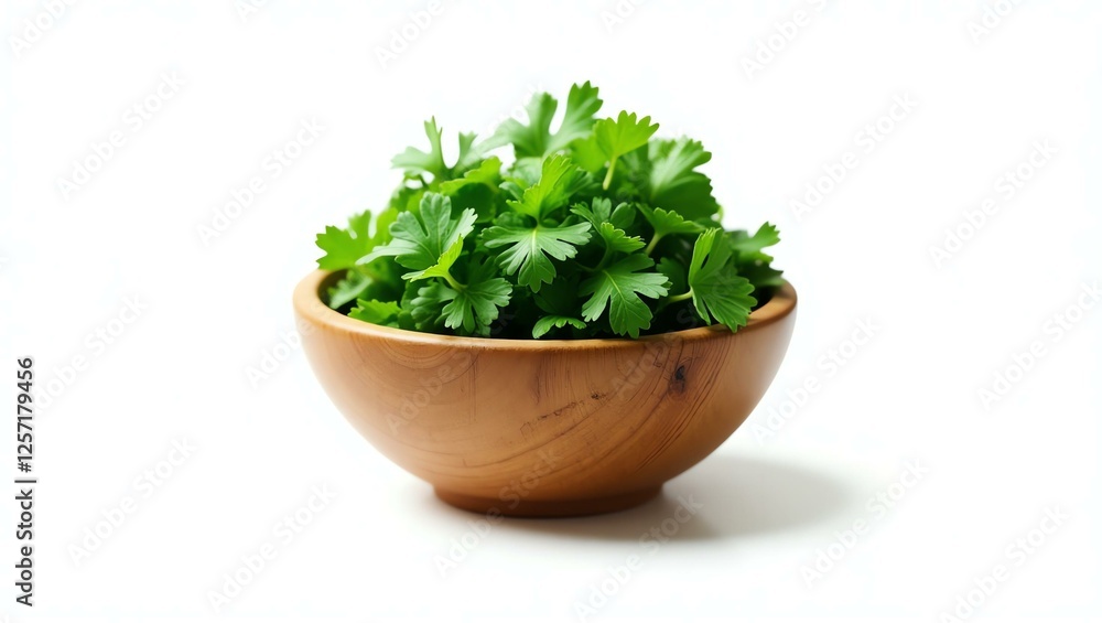coriander placed in a rustic wooden bowl, isolated on a pure white background with a precise clipping path coriander placed in a rustic wooden bowl, isolated on a pure white background with a precise clipping path