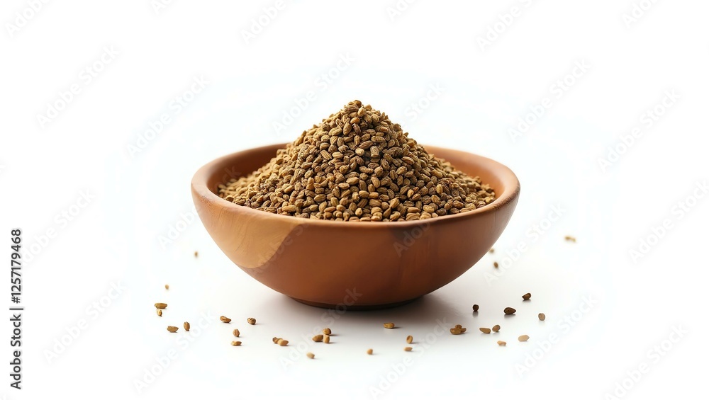 cumin placed in a rustic wooden bowl, isolated on a pure white background with a precise clipping path cumin placed in a rustic wooden bowl, isolated on a pure white background with a precise clipping path