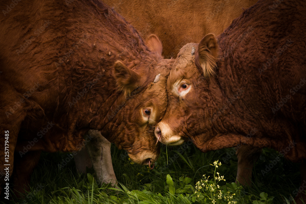Close-up of a Limousin bull standing in a green pasture, showcasing its muscular build and reddish-brown coat under a partly cloudy sky. Close-up of a Limousin bull standing in a green pasture, showcasing its muscular build and reddish-brown coat under a partly cloudy sky.