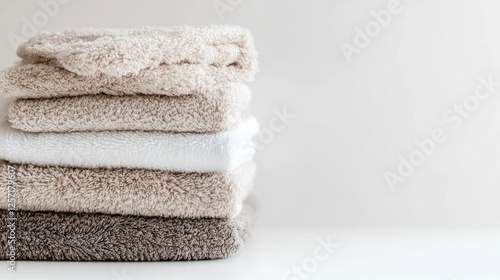 Stacked towels, neutral colors, clean aesthetic, home interior, daily life, suitable for design inspiration, or home goods catalog photo