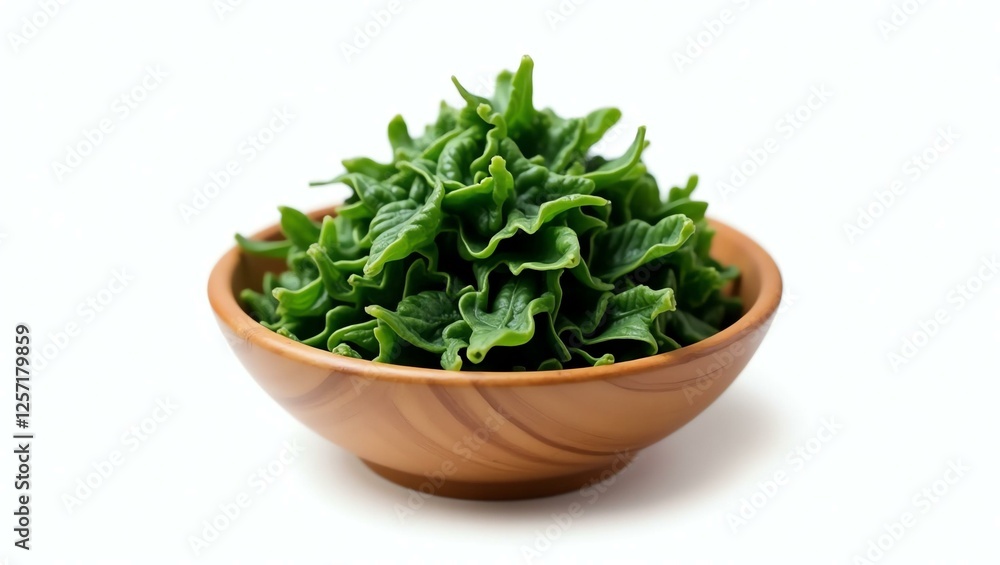 wakame placed in a rustic wooden bowl, isolated on a pure white background with a precise clipping path wakame placed in a rustic wooden bowl, isolated on a pure white background with a precise clipping path