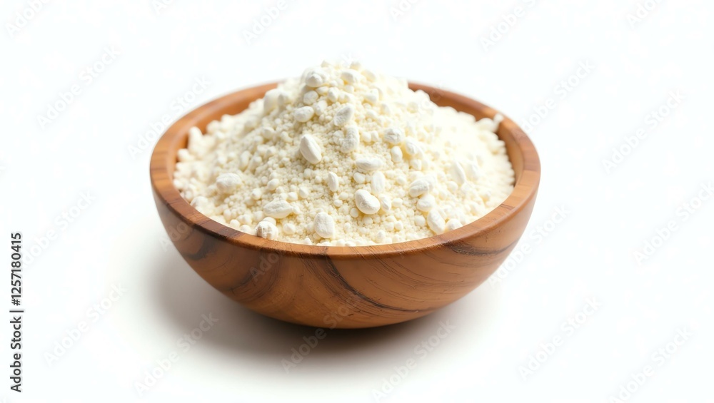 tapioca flour placed in a rustic wooden bowl, isolated on a pure white background with a precise clipping path tapioca flour placed in a rustic wooden bowl, isolated on a pure white background with a precise clipping path