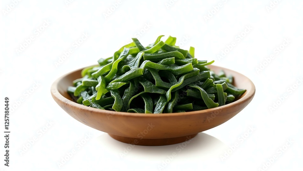 seaweed nori placed in a rustic wooden bowl, isolated on a pure white background with a precise clipping path