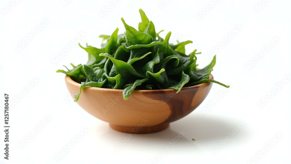 seaweed wakame placed in a rustic wooden bowl, isolated on a pure white background with a precise clipping path seaweed wakame placed in a rustic wooden bowl, isolated on a pure white background with a precise clipping path
