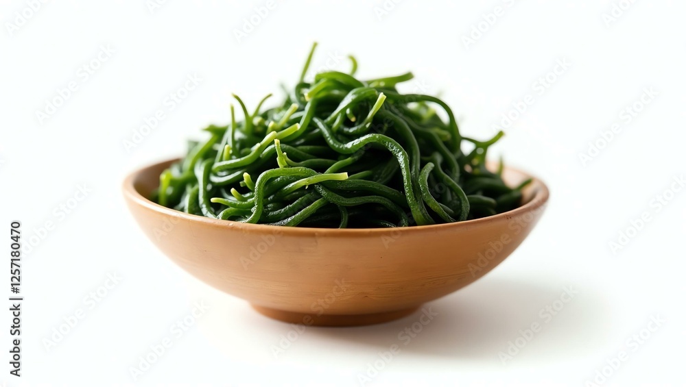 seaweed wakame placed in a rustic wooden bowl, isolated on a pure white background with a precise clipping path seaweed wakame placed in a rustic wooden bowl, isolated on a pure white background with a precise clipping path