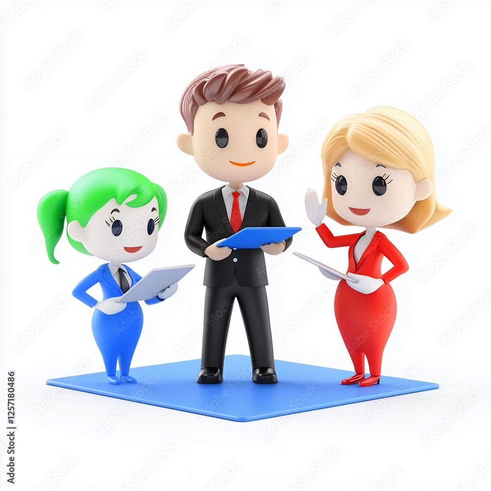 Stylized 3D Cartoon Business Team Meeting on White Background Stylized 3D Cartoon Business Team Meeting on White Background