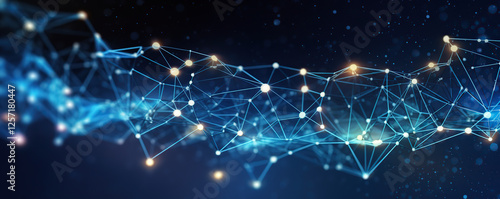 Digital abstract representation of interconnected nodes and lines in a network at night