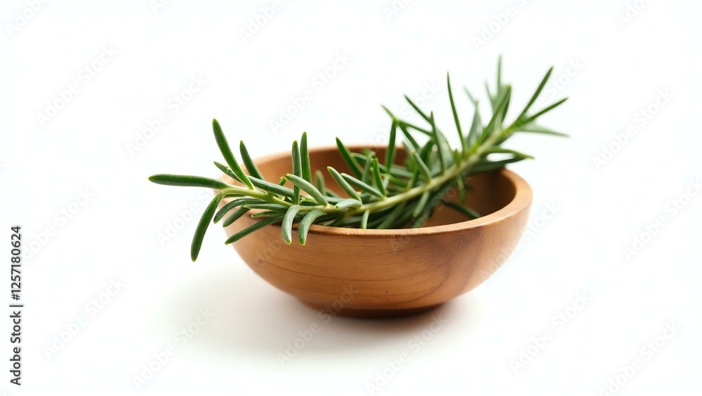 rosemary placed in a rustic wooden bowl, isolated on a pure white background with a precise clipping path rosemary placed in a rustic wooden bowl, isolated on a pure white background with a precise clipping path