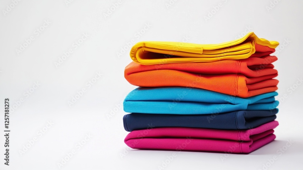 Stack of colorful folded clothes on white background. Possible use Fashion, retail, product photography Stack of colorful folded clothes on white background. Possible use Fashion, retail, product photography