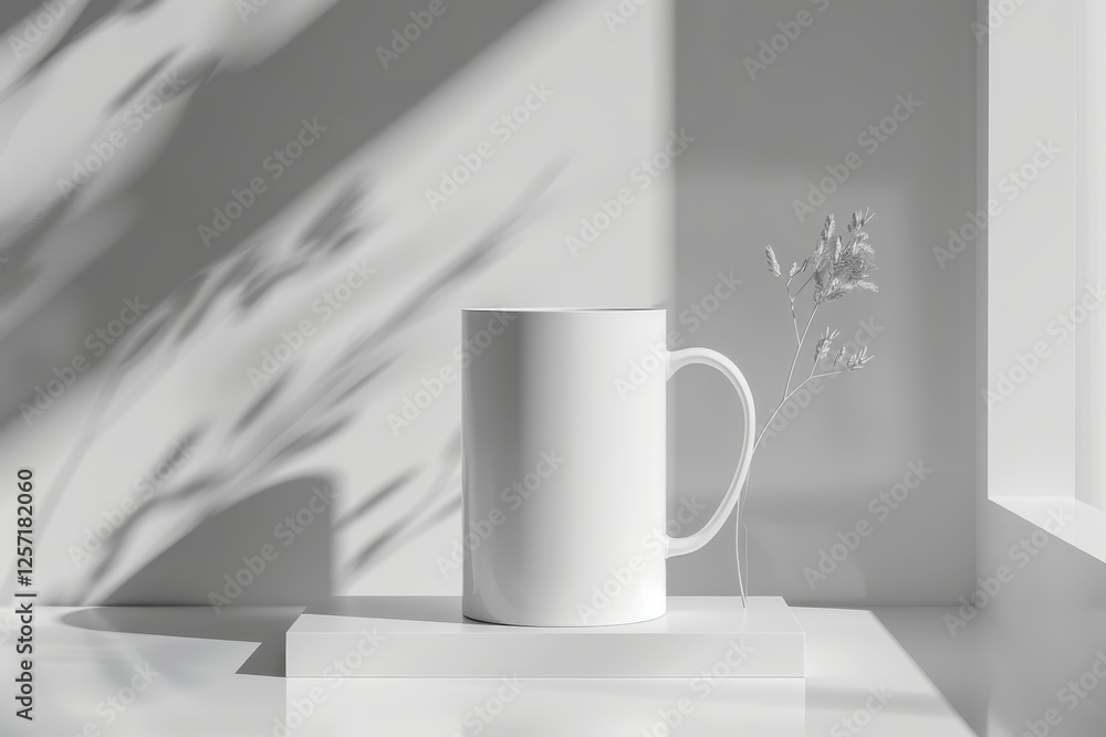 Elegant white ceramic coffee cup with warm beverage casting soft shadows on minimalist surface Elegant white ceramic coffee cup with warm beverage casting soft shadows on minimalist surface