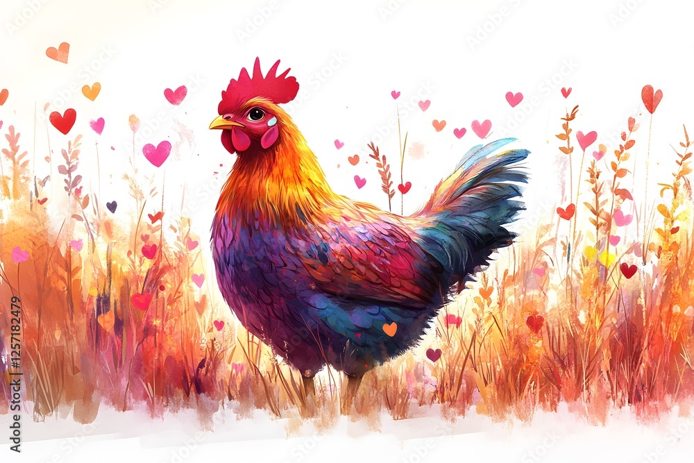 Fototapeta premium A rooster with vibrant red, purple and yellow feathers stands in a field of wildflowers and hearts.