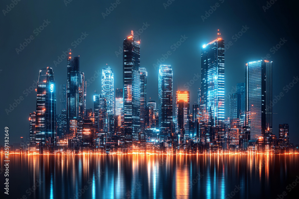 Fototapeta premium Futuristic city skyline with neon lights reflecting on water