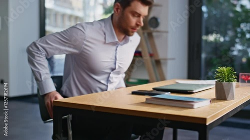 Professional manager sit down at modern workplace closeup. Employee start work