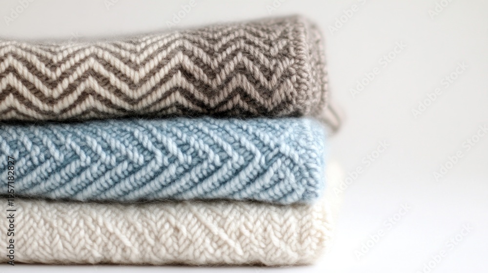 Stacked Knitted Blankets Against White Background Stacked Knitted Blankets Against White Background
