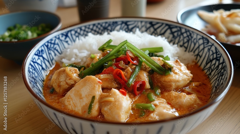 A delicious Thai curry made with chicken and red curry paste in a coconut milk sauce A delicious Thai curry made with chicken and red curry paste in a coconut milk sauce