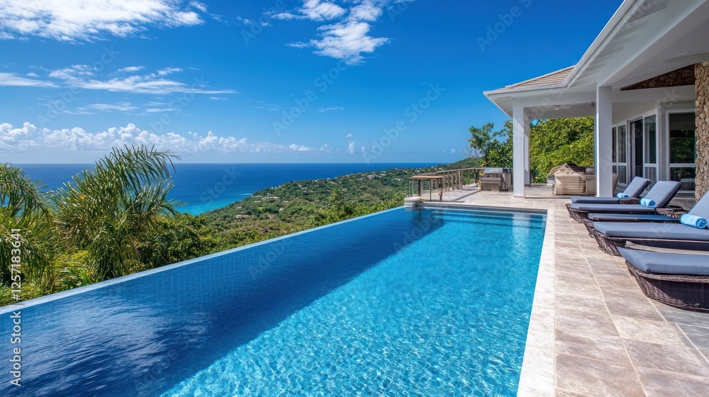 Fototapeta premium Infinity pool, villa, ocean view, hillside, Caribbean, luxury, real estate, vacation rental, advertisement