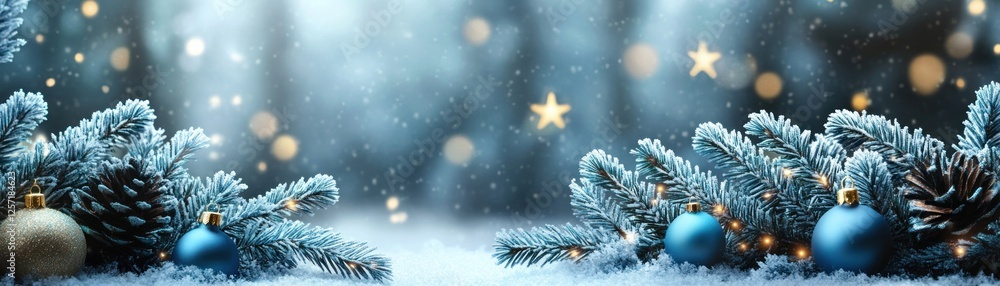 Christmas ornaments nestled in snow with twinkling lights behind Christmas ornaments nestled in snow with twinkling lights behind