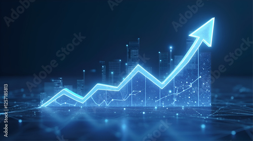 Futuristic Business Growth Chart with Rising Arrow in Digital City