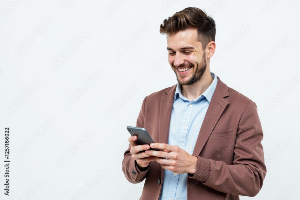 Happy young man standing and using his smartphone. Cheerful and engaged with his mobile device. Suitable for mobile technology, communication, and lifestyle themes. Happy young man standing and using his smartphone. Cheerful and engaged with his mobile device. Suitable for mobile technology, communication, and lifestyle themes.