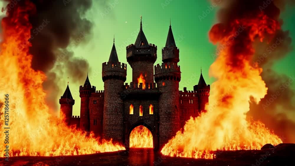A medieval castle engulfed in fiery flames under a dramatic sky. A medieval castle engulfed in fiery flames under a dramatic sky.