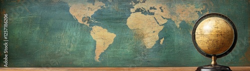 Antique globe on world map; travel, geography, education
