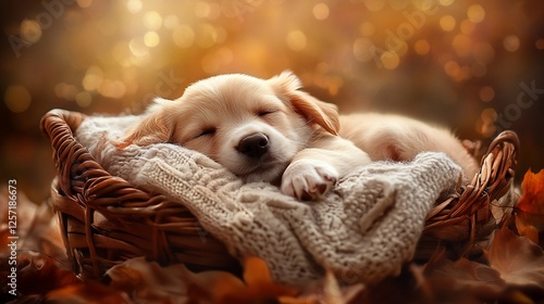Adorable Golden Puppy Sleeping Soundly in a Cozy Autumn Basket