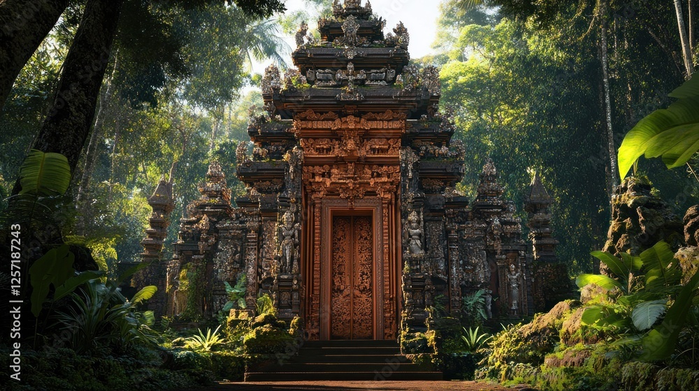 Ornate ancient stone temple complex entrance situated within lush jungle Ornate ancient stone temple complex entrance situated within lush jungle