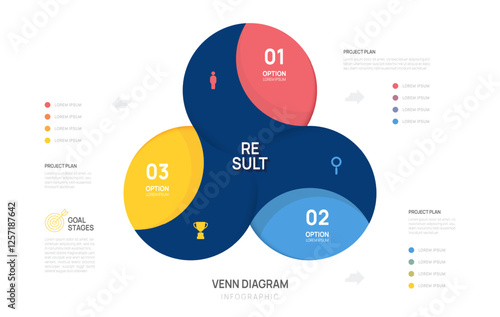 Venn diagram infographic 3 circle chart template for business start up presentation with venn diagram elements vector illustration.
