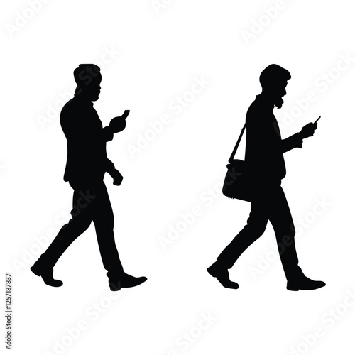 A man walking and using a cell phone vector illustration. Men walking and using smartphones, urban silhouette.