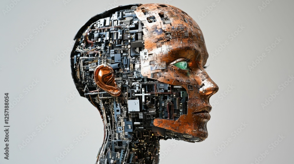 Futuristic Robot Head with Intricate Circuitry and Artificial Intelligence Design Elements Futuristic Robot Head with Intricate Circuitry and Artificial Intelligence Design Elements
