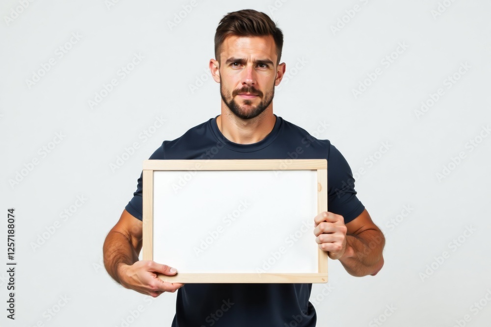 Fitness man holding a blank white frame. Ideal for showcasing fitness-related content, messages, or promotions. Fitness man holding a blank white frame. Ideal for showcasing fitness-related content, messages, or promotions.