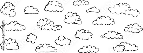 Set of abstract pencil clouds. Hand drawn cartoon cloudy sky. Vector illustration of collection of black eddy on white background. Imitation of a child's drawing with pencils on blackboard.