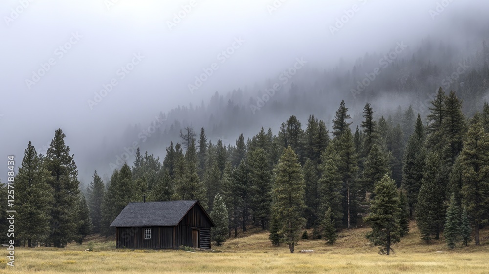 Log cabin sits peacefully in a valley shrouded in fog Log cabin sits peacefully in a valley shrouded in fog