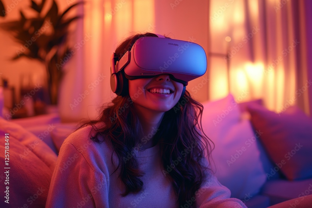 Woman Enjoying Virtual Reality Experience at Home with VR Headset in Cozy Living Room Setting Woman Enjoying Virtual Reality Experience at Home with VR Headset in Cozy Living Room Setting