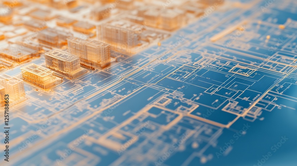 Naklejka premium Detailed blueprint of an urban development project highlighting infrastructure zoning and public safety elements