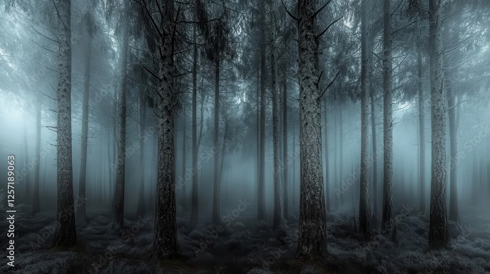 A forest background showcasing a dark pine forest shrouded in a thick fog A forest background showcasing a dark pine forest shrouded in a thick fog