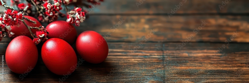 Fototapeta premium Vibrant red Easter eggs with cherry blossoms for orthodox easter celebration. Horizontal banner. Copy space. Top view. Flat lay