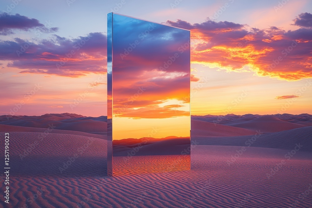 Surreal Mirror Reflection in Desert at Sunset with Vibrant Sky and Sand Dunes Creating a Dreamlike Landscape Surreal Mirror Reflection in Desert at Sunset with Vibrant Sky and Sand Dunes Creating a Dreamlike Landscape