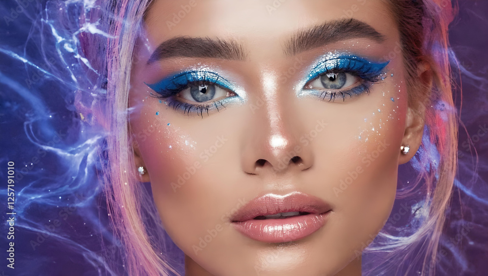 Close-up of a model with bold artistic makeup featuring iridescent blue hues, cosmic-inspired accents, and a dreamlike celestial aesthetic Image made using Generative AI Close-up of a model with bold artistic makeup featuring iridescent blue hues, cosmic-inspired accents, and a dreamlike celestial aesthetic Image made using Generative AI