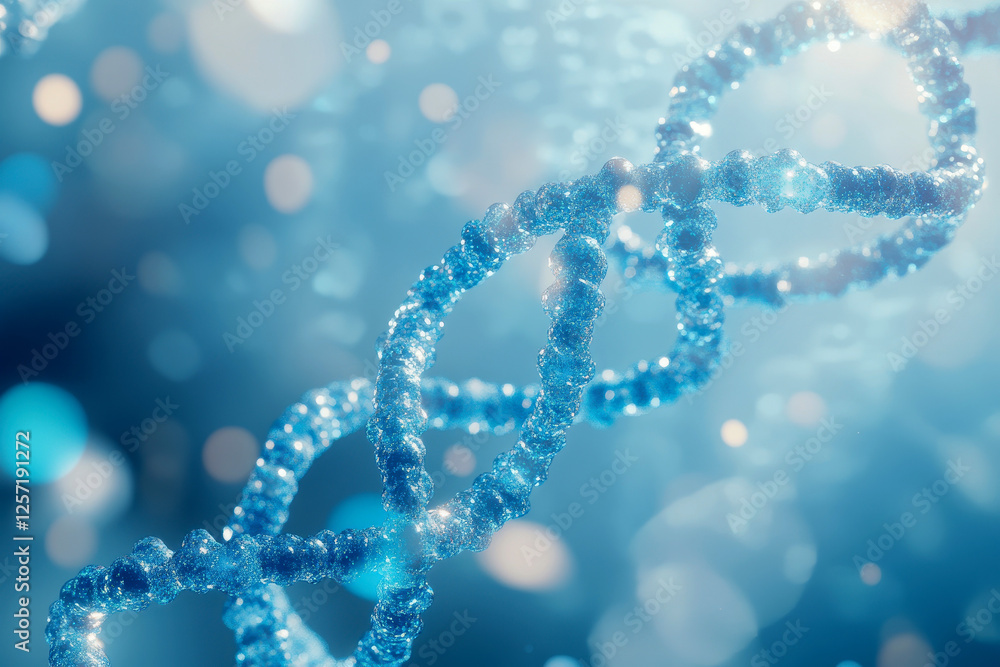 A close up of a DNA strand with a blue background. The image is abstract and has a moody atmosphere. A close up of a DNA strand with a blue background. The image is abstract and has a moody atmosphere.