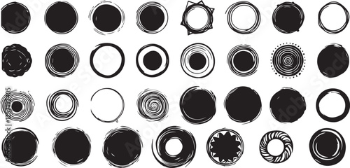 Set of black hand drawn grunge doodle charcoal, pencil, chalk circle border frames. Vector illustration template borders design for website, banner, app, poster, background, card