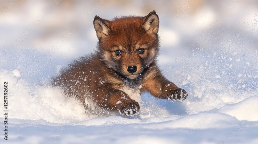 A cute fox cub sprints through deep pristine winter snow A cute fox cub sprints through deep pristine winter snow