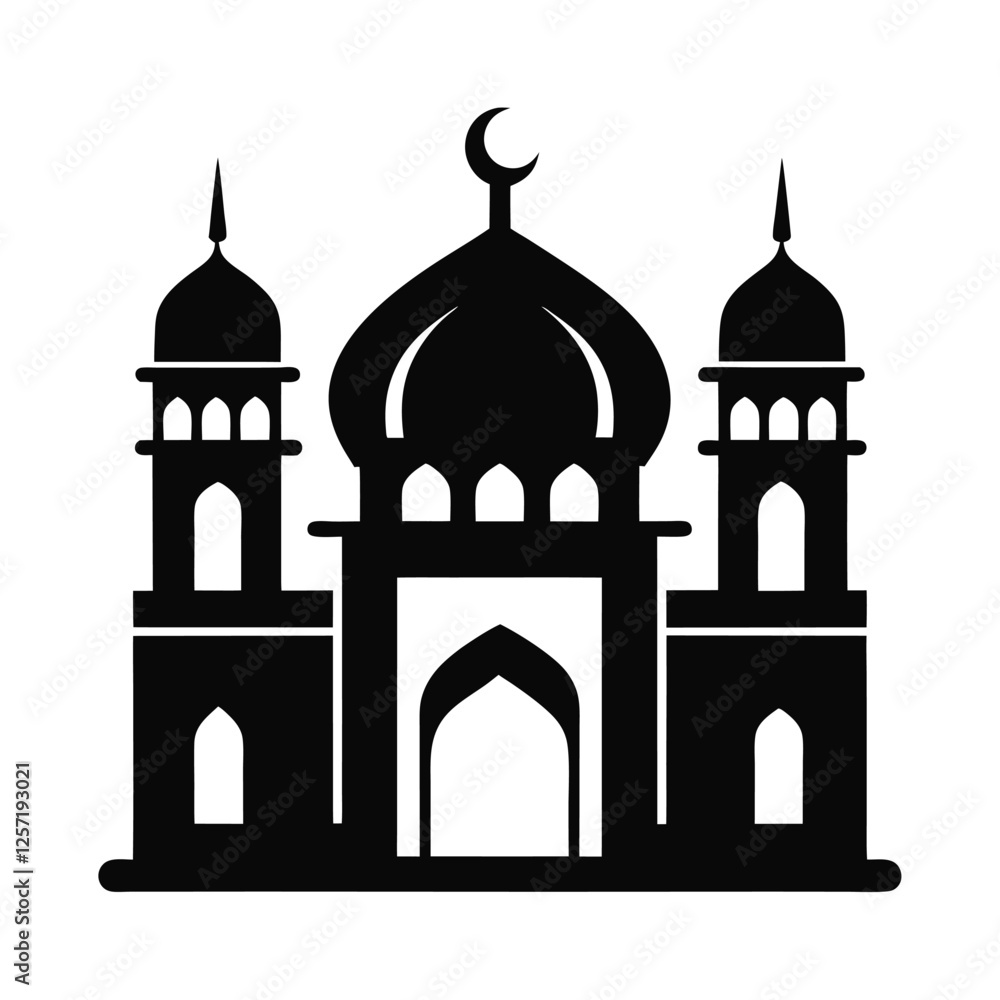 Mosque Icon: A simple yet powerful black and white silhouette of a mosque with minarets and a crescent moon, symbolizing faith, spirituality, and the architectural beauty of Islamic design Mosque Icon: A simple yet powerful black and white silhouette of a mosque with minarets and a crescent moon, symbolizing faith, spirituality, and the architectural beauty of Islamic design