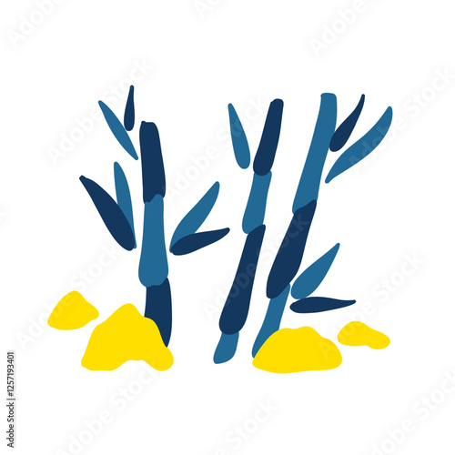 Bamboo with leaves isolated on white background, Chinese tree, stone vector illustration isolated on white background, decorative symbol China, for decoration, flat cartoon icon design for map, cards
