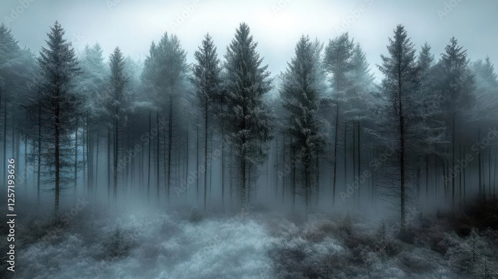 A forest background showcasing a dark pine forest shrouded in a thick fog A forest background showcasing a dark pine forest shrouded in a thick fog