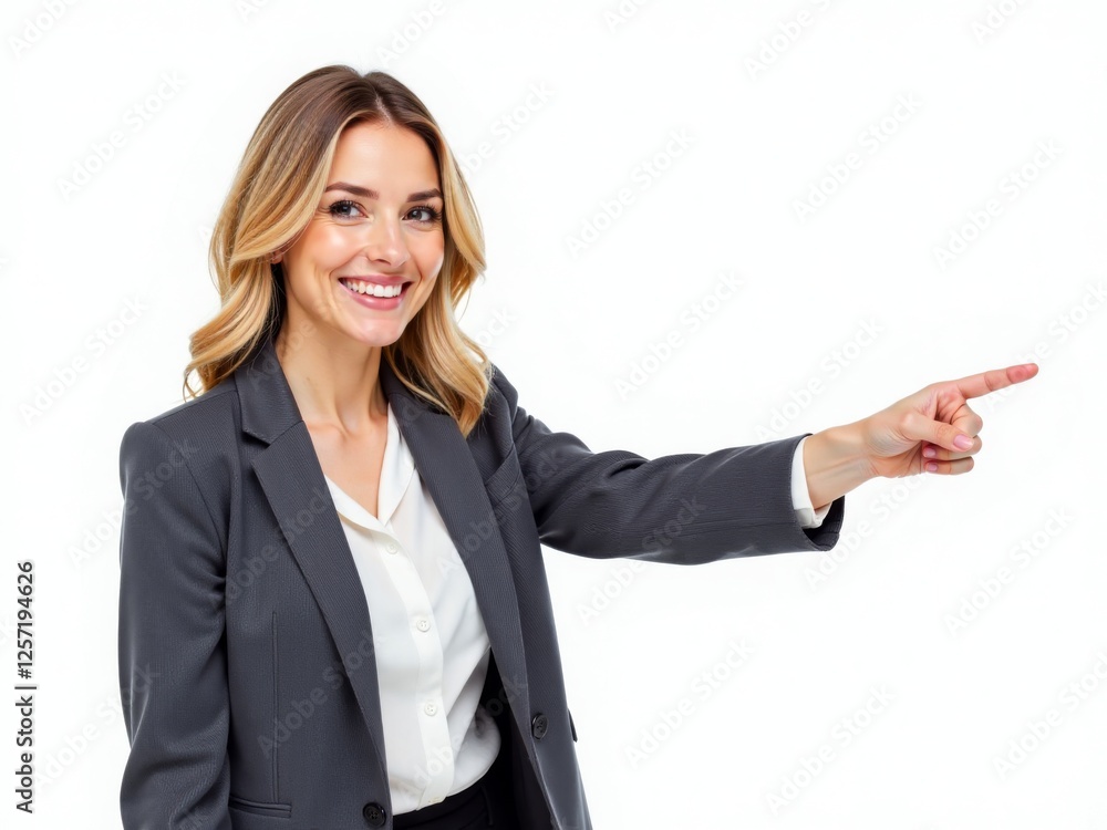 Businesswoman pointing outwards with her right hand. Isolated on white background. Suitable for presentations, directions, and announcements. Businesswoman pointing outwards with her right hand. Isolated on white background. Suitable for presentations, directions, and announcements.